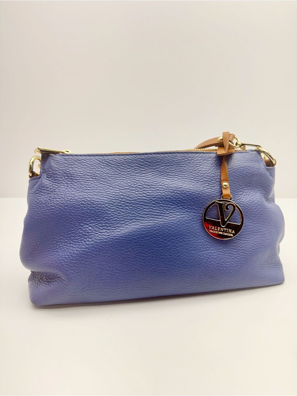 Valentina Lavender Blue Pebbled Leather Handbag with Tan Accent